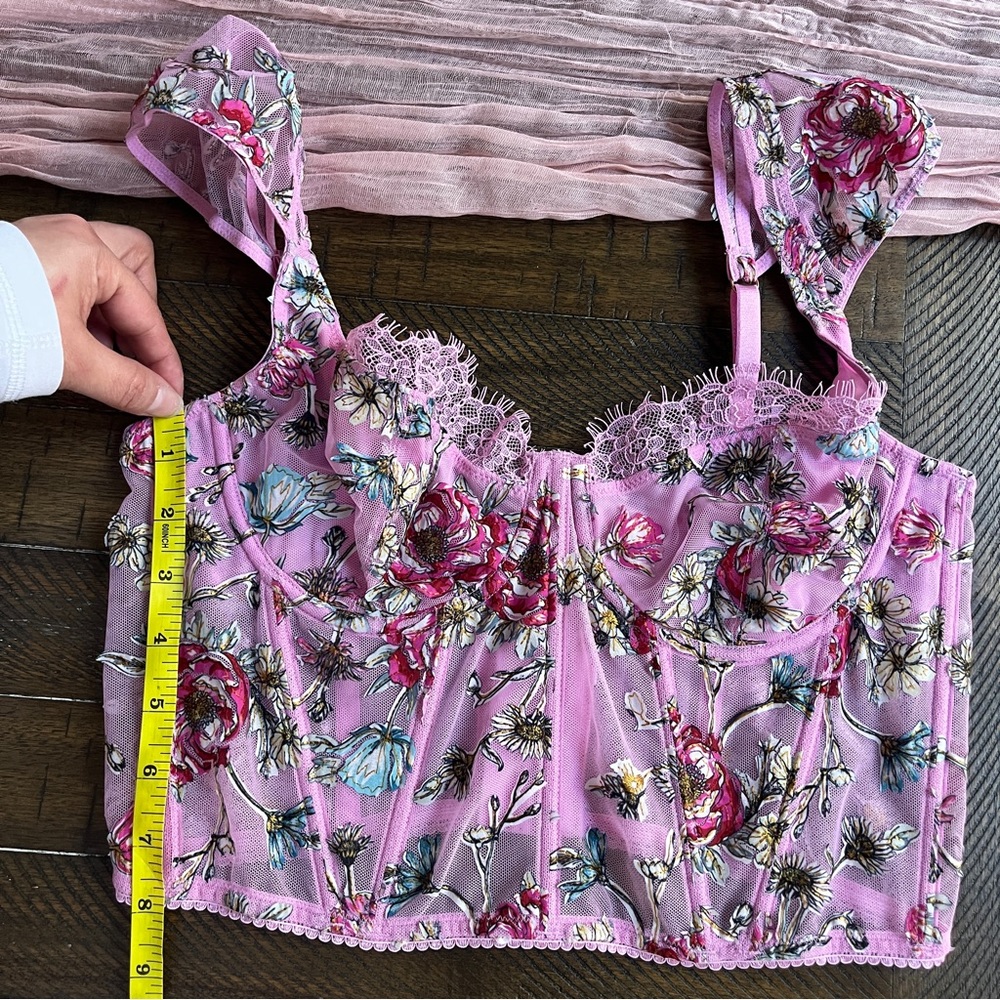 Whimsigoth Pink Floral Corset Crop Top Lace Bustier Fairycore Cottagecore Y2K - Picture 12 of 13